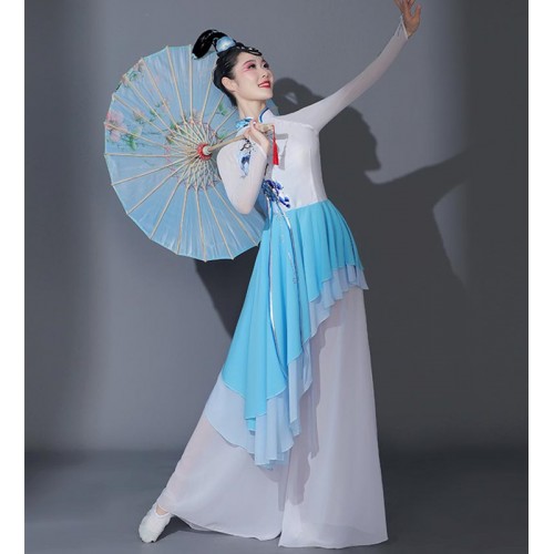 Women blue gradient chinese folk dance dress Yangko fan umbrella performance costumes traditional classical fan dance suit cheongsam dress